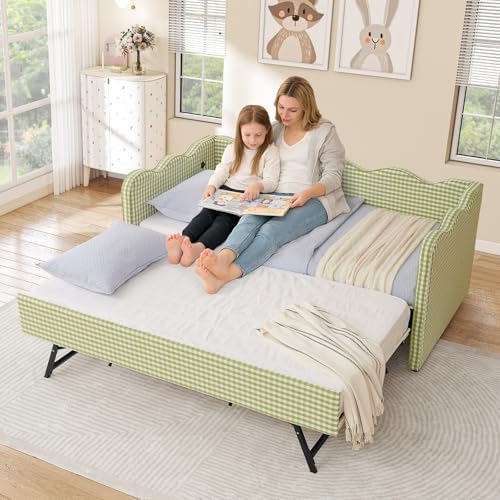 Twin Size Daybed with Pop Up Trundle, Linen Gingham Twin to King Daybed with - Image 2