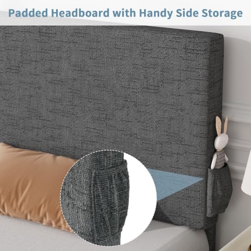 Twin Bed Frame, Chenille Headboard, Side Pockets, Dark Grey - Image 5