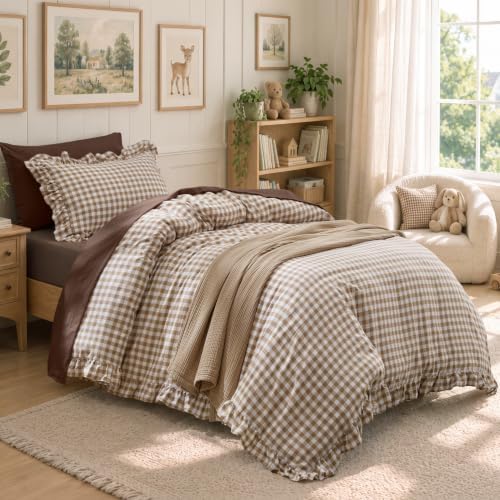 Bedsure Brown Gingham Ruffle Duvet Cover Set, Cotton-Like Quilt Cover - Image 2