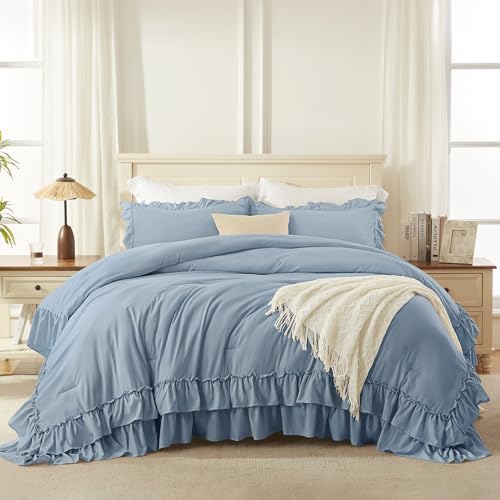 Andency Grayish Blue Ruffle Full Size Comforter Set, 3 Pieces - Image 3