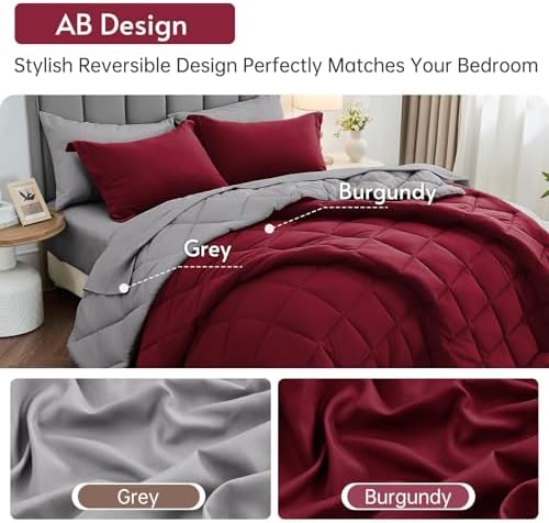 MUXHOMO King Comforter Set 7 Pieces, Reversible Bed in a Bag, Burgundy/Grey - Image 3