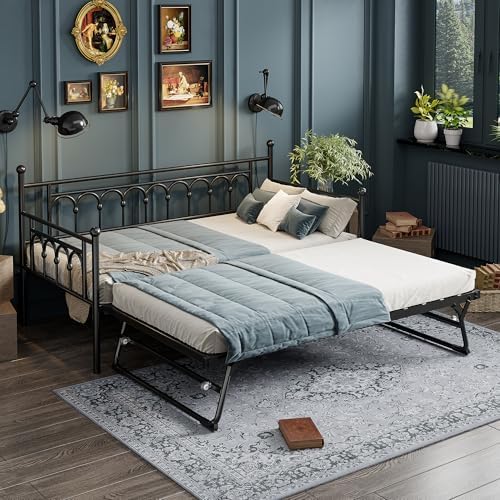 Twin Daybed with Trundle and Storage Bag, Metal Daybed with Pop Up Trundle by kuurfuurdo