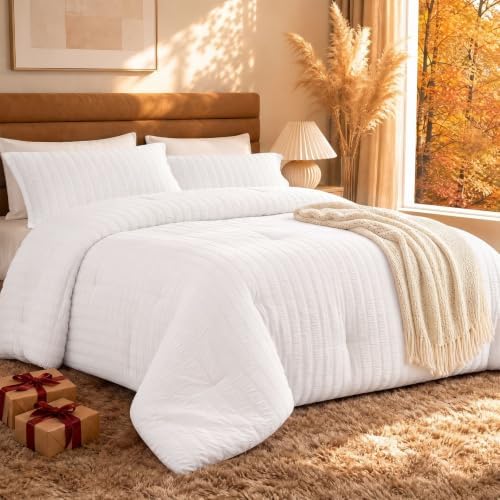 Quataly White Comforter Full Size Seersucker Lightweight Bed Set All Season by Enjoylifetogether