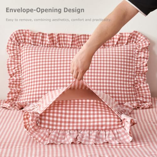 Red Gingham Queen Comforter Sets 5 Pcs Vintage Ruffled Bedding Set - Image 6