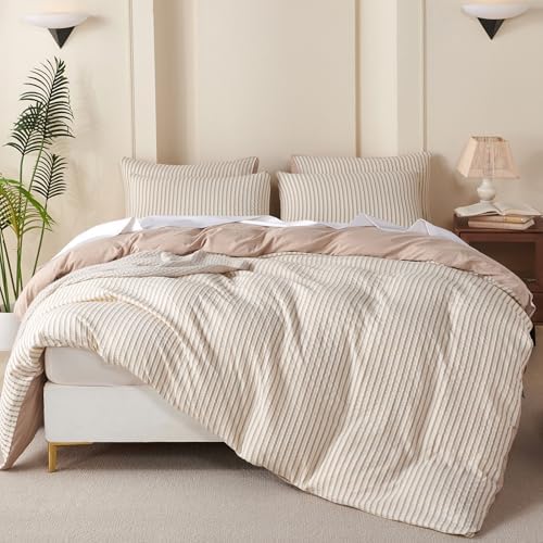 Queen Comforter Set Striped Beige 100% Soft Washed Microfiber Jacquard 3 Pieces - Image 3