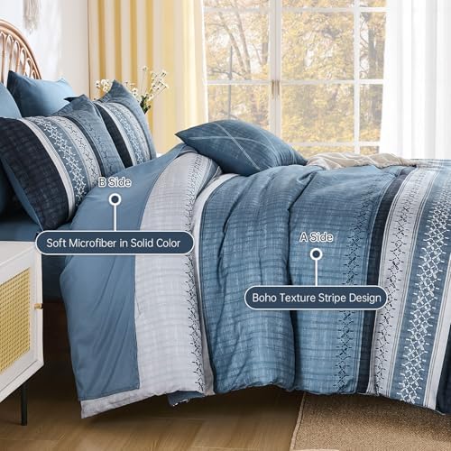 Navy Blue Queen Comforter Size Set, 8 Pieces Striped Texture Bed in a Bag - Image 4