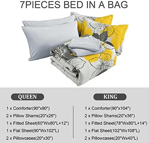 Yellow King Size Comforter Set, 7 Pieces Yellow Floral on Gray Bed in a Bag - Image 7