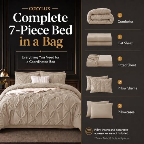 CozyLux Full Size Comforter Sets Wheat, 7 Pieces Pintuck Bed in a Bag - Image 2