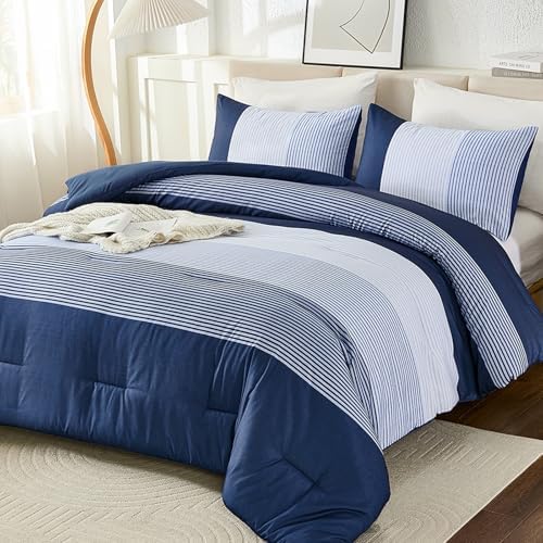 Blue Comforter Set Queen, Reversible Dark Blue Patchwork Stripe Comforter - Image 2