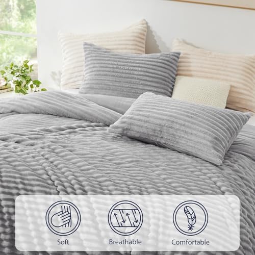 EXQ Home Fluffy Comforter Set King Size, 3 Pieces Bed Set, Light Gray - Image 5