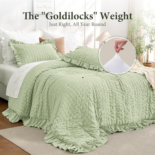 JOLLYVOGUE Sage Green Queen Comforter Set, 3 Pieces Seersucker Comforters Queen - Image 3