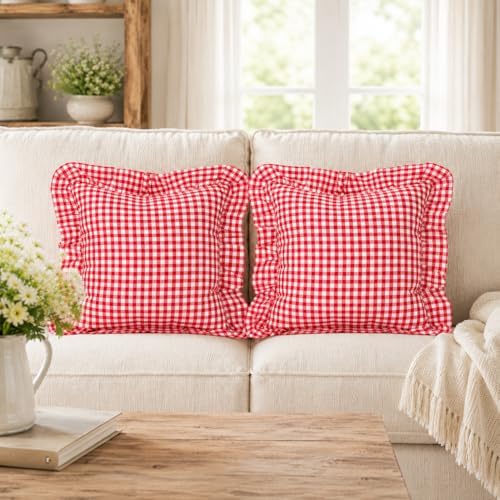JoraLion Ruffled Throw Pillow Cover 24x24 Gingham Red by JoraLion