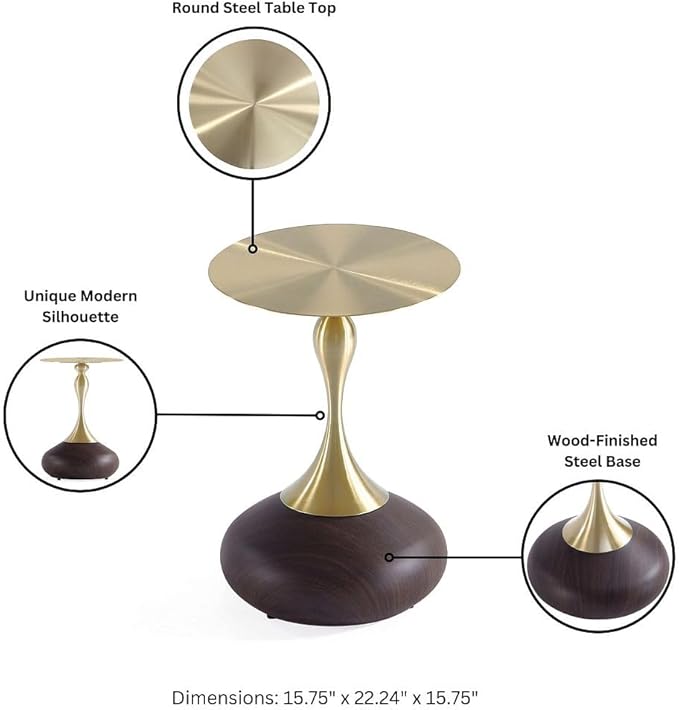 Manhattan Comfort Patchin Modern 15.75" Round End Table - Sleek Wood-Finished Steel Base with Gold Tabletop, Fully Assembled Accent Furniture, Set of 2, Brown/Gold