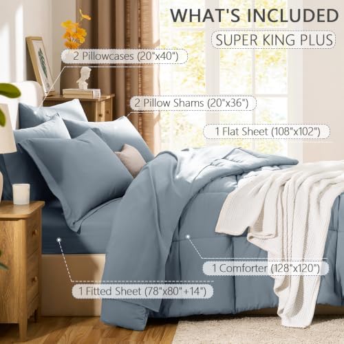 CozyLux Super King Plus Comforter Set, 7-Piece Bed in a Bag, Dusty Blue - Image 6
