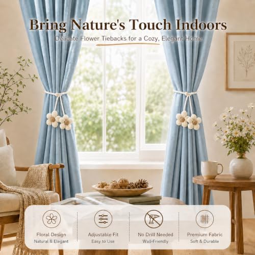 Flower Curtain Tiebacks 2 Pack, Adjustable No-Drill Rope Ties - Image 3