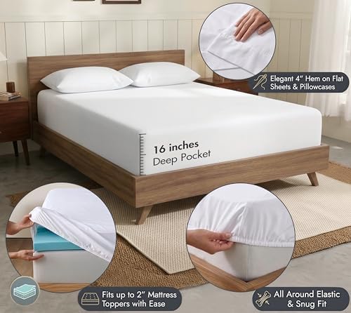 RUVANTI 100% Cotton Queen Sheets, Percale Queen Sheet Set, Bright White - Image 6