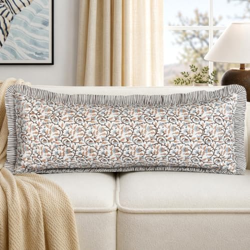 Ridhi Brown Meadow Vine Block Print Ruffle Pillow Sham 36x14 Inch Set of 1 - Image 2