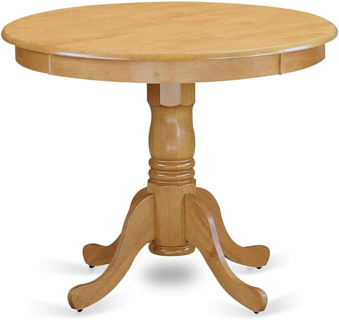 East West Furniture ANAB5-OAK-55 5 Piece Dining Room Table Set Includes a Round Kitchen Table with Pedestal and 4 Oasis Blue Faux Leather Upholstered Parson Chairs, 36x36 Inch, Oak