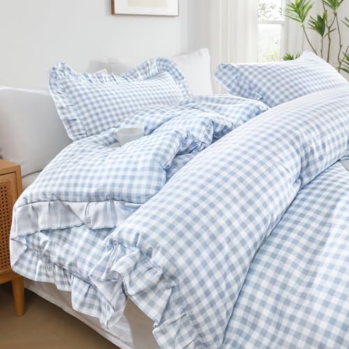 Andency Blue Gingham Ruffle Comforter California King, 3 Pieces Bedding - Image 6