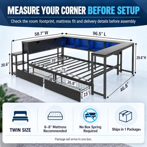 Twin Corner Bed Frame with Desk, Bookcase and 2 Storage Drawers - Image 2