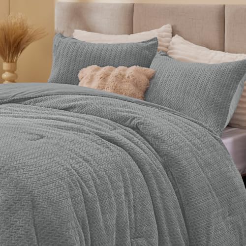 ChiXpace Fleece King Size Comforter Set Light Grey, Fluffy Bed Set 3 Pieces by ChiXpace