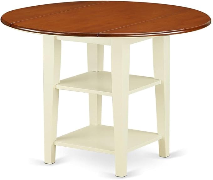 East West Furniture SUAV3-BMK-W 3 Piece Kitchen Table Set for Small Spaces Contains a Round Dining Table with Dropleaf & Shelves and 2 Dining Room Chairs, 42x42 Inch, Buttermilk & Cherry