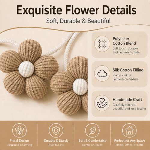 Flower Curtain Tiebacks 2 Pack, Adjustable No-Drill Rope Ties - Image 4