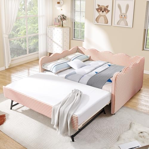 Full Size Daybed with Pop Up Trundle, Linen Gingham Full to King Daybed with - Image 6