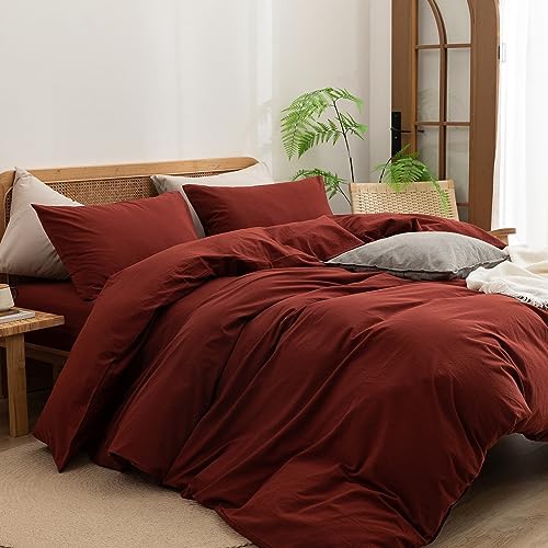 BESTOUCH Cotton Solid Duvet Cover Set Linen Feel Fired Brick Red Queen - Image 5