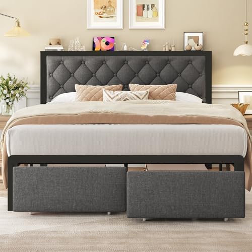 Queen Bed Frame with 2 Storage Drawers, Upholstered Headboard Button Tufted Bed by Fluest