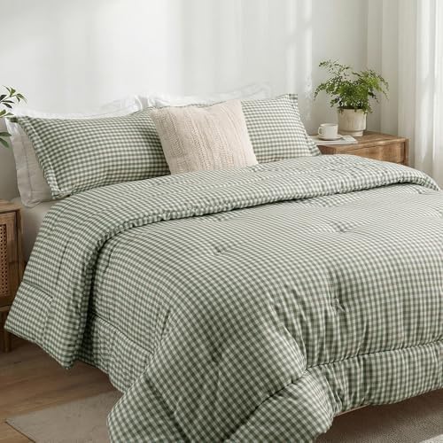 King Comforter Set, Fluffy Green Gingham Plaid Bedding, 3 Pieces - Image 5