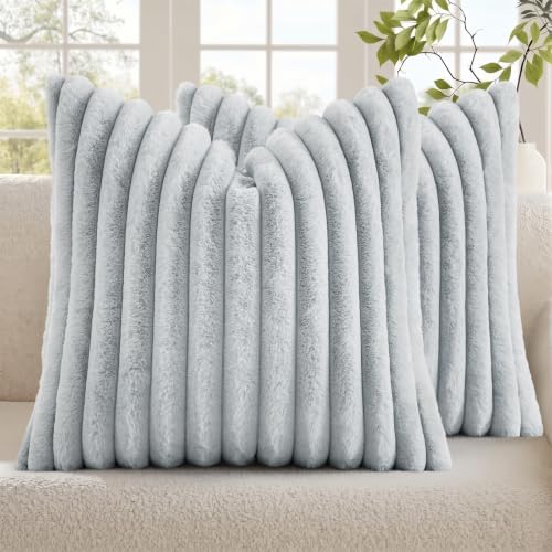 decorUhome Fall Faux Fur Throw Pillow Covers 18x18 Set of 2 Light Grey by decorUhome