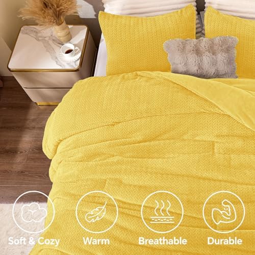 ChiXpace Fleece Twin Size Comforter Set Yellow, Fluffy Bed Set 2 Pieces - Image 3
