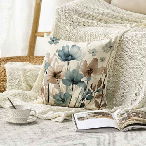 AVOIN colorlife Poppy Flowers Blue Brown Throw Pillow Cover 18x18 Inch - Image 2