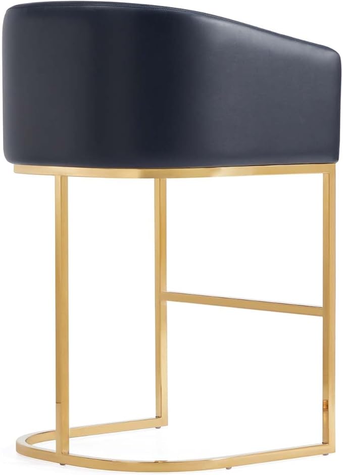 Manhattan Comfort Louvre 26 Inch Mid Century Modern Counter Height Bar Stools - Elegant Faux Leather Padded Seat, Stainless Steel Base with Footrest, Fully Assembled Barstools, Set of 1, Black & Gold