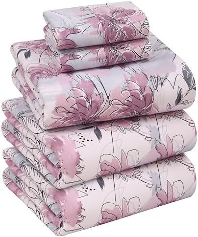 RUVANTI 100% Cotton Split King Sheets, Percale Sheet Set, Lilac Floral by Ruvanti