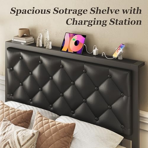 Twin Bed Frame with Storage Drawer, Upholstered Headboard Button Tufted Bed - Image 5