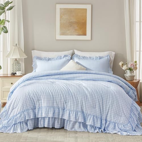 Andency Blue Gingham Twin Size Ruffle Comforter Set, 2 Pieces - Image 4