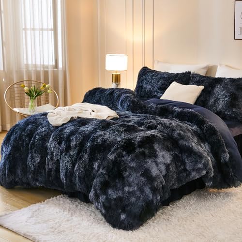 Andency Tie-Dyed Black Blue Queen Comforter Set, Fluffy Faux Fur Bed Set - Image 2