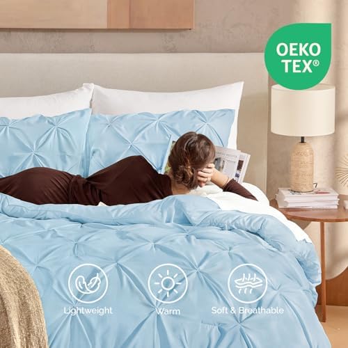 Andency Oversized King Pinch Pleat Light Blue Comforter Set 3 Piece Bedding - Image 3