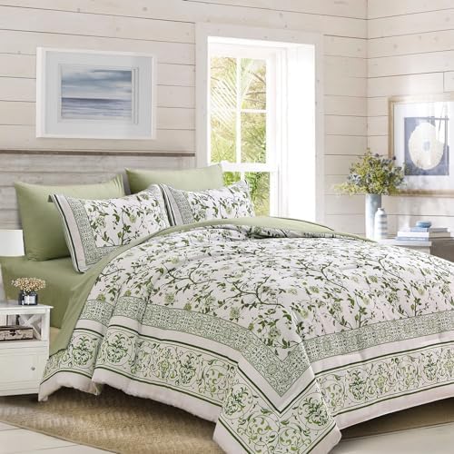 Floral Queen Comforter Set, 7 Piece Bed in a Bag Queen Size Sage Green Flowers - Image 2