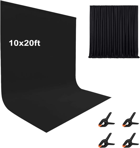 10X20ft Black Photo Backdrops for Photography, LCUIRC Two Rod Pocket Backdrops Curtain for Parties, Polyester Fabric Background with 4 Clamps for Product Protrait Photoshoot or Parties Decoration