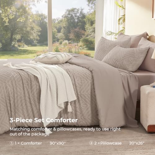 Litanika Queen Size Comforter Set, 3 Pieces Oatmeal Tufted Boho Bedding Set - Image 6