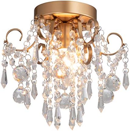 Q&S Mini Chandelier Crystal Ceiling Light, Small Flush Mount Gold Light Fixture by QSLighting