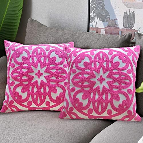 Alysheer Boho Embroidered Throw Pillow Cover 18"x18" Set of 2, Hot Pink - Image 6