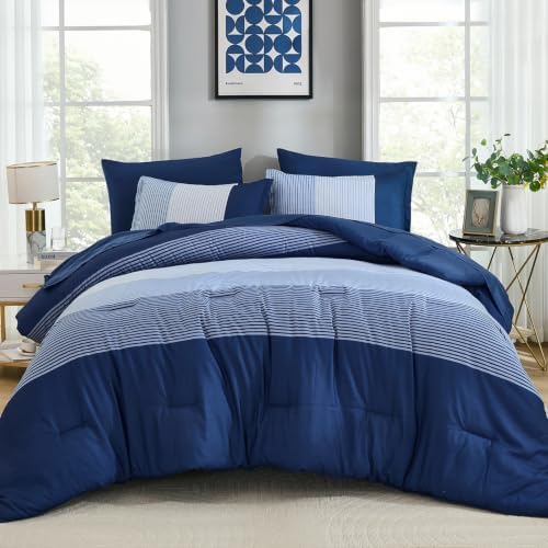 Navy Blue King Size Comforter Set, 7 Pieces Boho Striped Bed in a Bag - Image 7