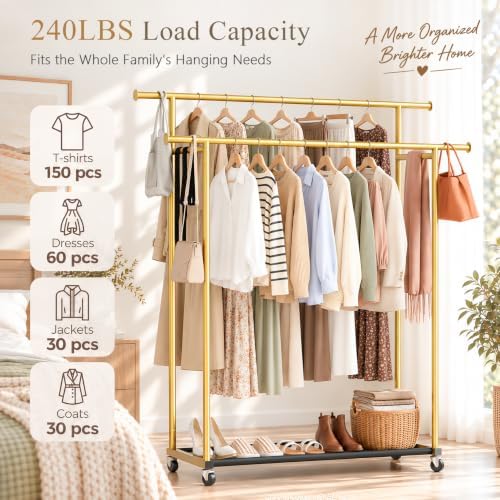 Double Rod Clothing Rack on Wheels, Holds 150 Garments - Image 5