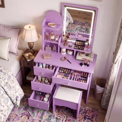 Purple Makeup Vanity Desk with Mirror and Lights, 5 Drawers - Image 3