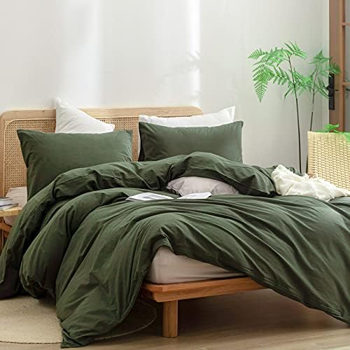 BESTOUCH Cotton Solid Duvet Cover Set Linen Feel Olive Green Queen - Image 4