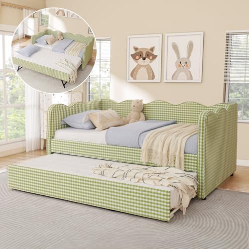 Twin Size Daybed with Pop Up Trundle, Linen Gingham Twin to King Daybed with by JEEOHEY
